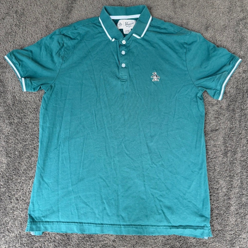 Original Penguin Mens Teal Green Tipped Short Sleeve Polo Shirt Small 3977